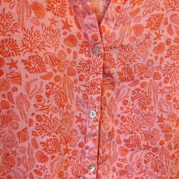 Sigrid Olsen 100% Linen Swim Coverup L Pink Orange Ocean Printed Button Up Beach - Picture 3 of 12